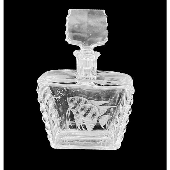 Decanter With Stopper Clear Glass Barware Distinctive Etched Frosted Fish 16 oz - Picture 1 of 12